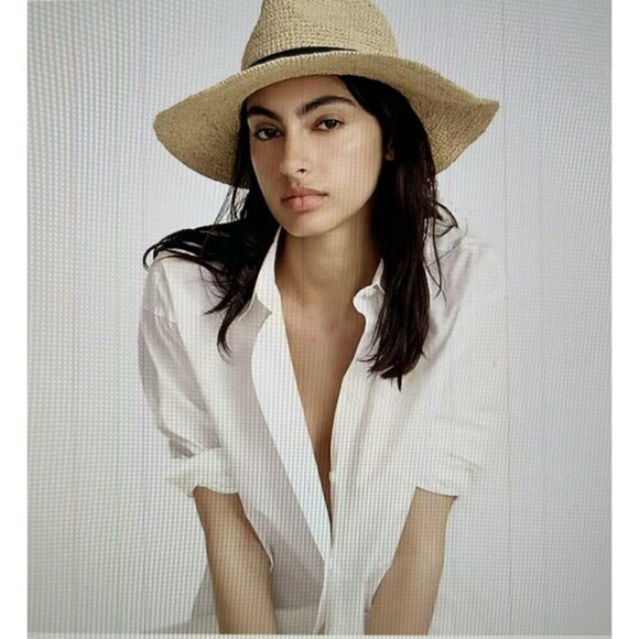 J.Crew Wide Brim Foldable Raffia Straw Hat Natural Black Band Size S-M #G6551